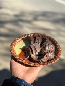 a hand holding a bowl of chocolate dessert at Hashtagg hostel and hotel in Rishīkesh