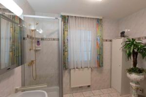 a bathroom with a shower and a sink at Ferienhaus Bergblick Redlham  +17 photos
