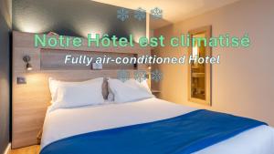 a bed in a hotel room with the words hotel best climate fully air at Kyriad Digne-Les-Bains in Digne-les-Bains
