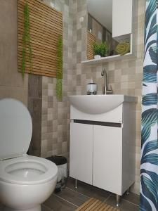 a bathroom with a white sink and a toilet at Lemoni's House in Krousón