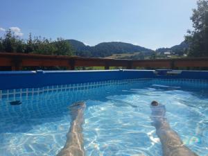 a swimming pool filled with blue water with mountains in the background at Chata Chabadová in Lysica