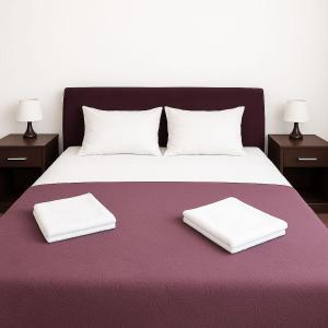 a bed with two white pillows on a purple blanket at Apartment Adrialux in Budva