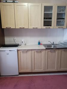 a kitchen with wooden cabinets and a white dishwasher at Apartamenty rodzinne przy plaży in Kołobrzeg