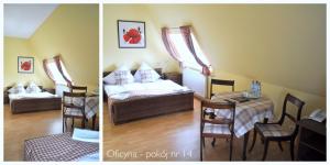 two pictures of a room with a bed and a table at Pałac Brunów - Wellness & SPA in Lwówek Śląski +138 photos