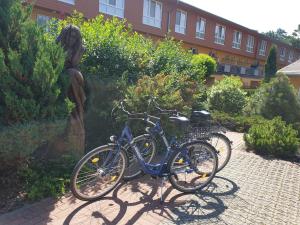 Ostseepark Zempin في زيمبين: دراجتان متوقفتان بجوار تمثال أمام مبنى