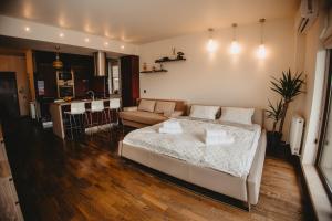 a living room with a bed and a kitchen at Sunny Hill Panorama Aparthotel in Cluj-Napoca