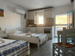 eine Küche mit zwei Betten in einem Zimmer in der Unterkunft Koukida House in Donousa