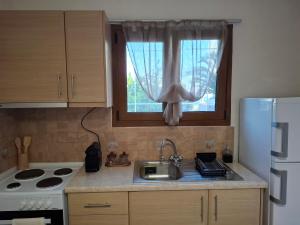 uma pequena cozinha com um lavatório e uma janela em Helen's Eden em Quios