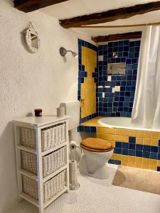 a bathroom with a toilet and a blue and yellow tiles at Vila Dolina in Hum