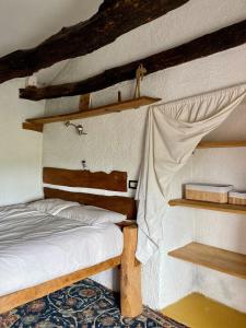 a bedroom with a bed and shelves in a room at Vila Dolina in Hum