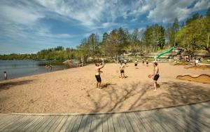 a group of men playing frisbee on a beach at Naturnära Ängen Ödegården in Trollhättan