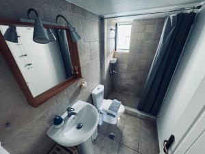 un bagno con lavandino, WC e specchio di Portolos Apartments - Filiatro a Vathi Altre 10 foto
