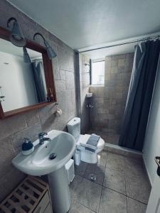 un bagno con lavandino, WC e specchio di Portolos Apartments - Filiatro a Vathi
