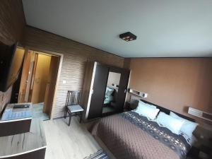 ein Schlafzimmer mit einem Bett und einem großen Spiegel in der Unterkunft Апартамент за гости в Пампорово in Pamporowo