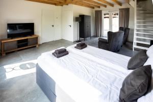 a large white bed in a room with a television at Compleet nieuw vakantiehuis Villa de Berken in Ede