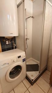 a washing machine in a bathroom with a shower at Wochenend Ferienhaus mit tollen Ausblick in die Bucklige Welt in Kühbach +28 photos