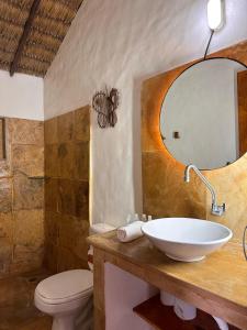 ein Badezimmer mit Waschbecken, Toilette und Spiegel in der Unterkunft Pousada Bate Vento in Itarema + 84 Fotos