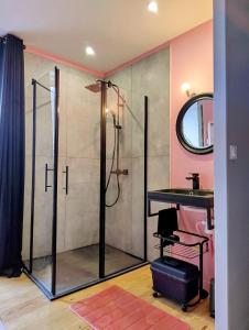 a bathroom with a shower with a sink and a mirror at La myrtillette in Luchon