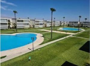 zwei Swimmingpools in einem Apartmentkomplex mit Palmen in der Unterkunft La cascade 2 in Sidi Rahal