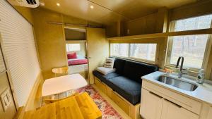 a kitchen with a couch and a sink in a tiny house at Escape Tiny Two in Chattanooga