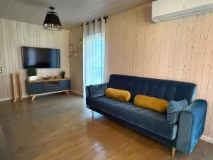 a blue couch in a living room with a flat screen tv at Viesu māja Silapurenes in Mērsrags