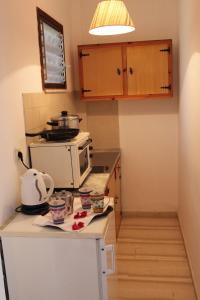 a small kitchen with a stove and a microwave at Arillas Studios in Arillas