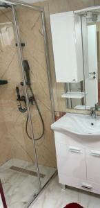 un baño con ducha y lavabo en Apartmani D&D, en Jajce