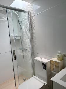 a white bathroom with a shower and a toilet at Villa Lele in Playa Blanca