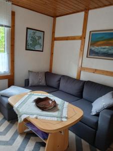 a living room with a blue couch and a table at Ferienbungalow in Zirkow