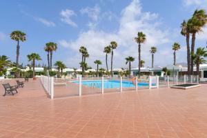 a swimming pool with palm trees in the background at Casa Steve in Playa Blanca