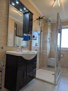a bathroom with a sink and a shower at Lucys Haus 2 "am Peeneblick" in Peenemünde +67 photos