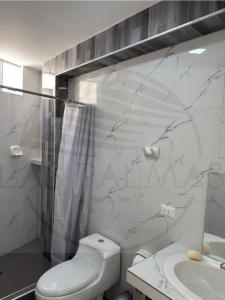 a bathroom with a toilet and a shower and a sink at Las Palmas Apart in Tacna