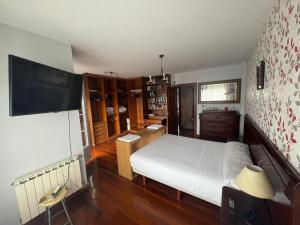 a bedroom with a bed and a flat screen tv at Casa el Mirador in Maliaño
