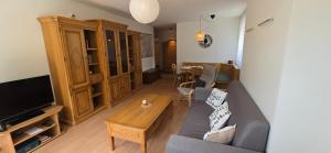 a living room with a couch and a tv at Apollo 56 - neu renovierte Wohnung in Leukerbad