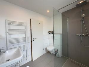 a bathroom with a shower and a sink and a toilet at 3 bedroom apartment in Leverkusen incl parking-near Messe Deutz-Lanxessarena-Bayarena in Leverkusen