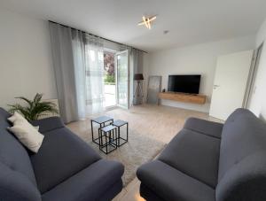 a living room with two blue couches and a television at 3 bedroom apartment in Leverkusen incl parking-near Messe Deutz-Lanxessarena-Bayarena in Leverkusen