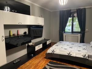 a bedroom with a bed and a television in it at Cazare Bârlad 4 in Bîrlad