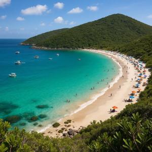 a beach with a bunch of people in the water at Recanto da Alegria suítes in Cabo Frio +37 photos