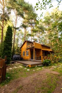 a house in the woods with a porch and a deck at Domek Wśród Wód in Płęsno +64 photos