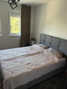 a large bed in a bedroom with a window at Micho Apartment in Ohrid