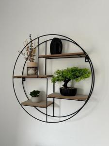 a circular shelf with potted plants on a wall at Elegant 3-Bedroom Home For groups & Families, Patio, Fast Wi-Fi & Parking in Loughborough