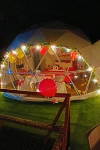 サン・フランシスコにあるGlamping el Jadeの芝生の上のクリスマスライトで覆われたボート