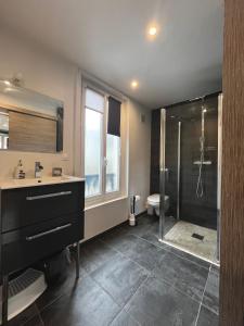 a bathroom with a shower and a sink and a toilet at La Villa l'Oiseau Bleu proche de la plage et de Deauville !!! Awards 2025 in Blonville-sur-Mer +31 photos