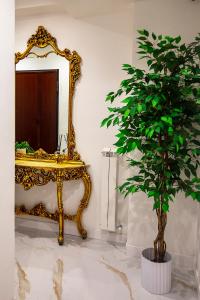 un espejo y un árbol en maceta en una habitación en BeB Le Sirene, en Sorrento
