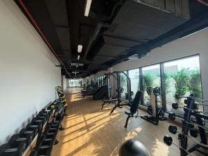 a gym with rows of treadmills and dumbbells at Luxury Hostel Bedspace in Downtown Near Emirates Towers Metro in Dubai