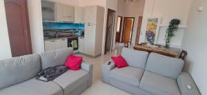a living room with two couches and two pink pillows at Apartament Gabbiano Bianco in Torretta