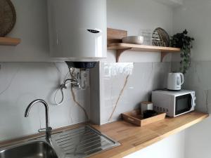 a kitchen with a sink and a microwave on a counter at Casa Solar do Tristão in Santa Maria Madalena
