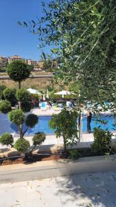 un uomo in piedi accanto a una piscina con alberi di Terminal K Bhamdoun Hotel a Aley Altre 25 foto