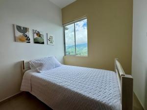Un dormitorio con una cama y una ventana en Alojamiento Moderno con Parking privado y Ubicación Privilegiada, en Armenia