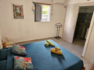 a living room with a blue couch with two teddy bears on it at Kaza Lenah villa 2 chambres dont une en mezzanine, piscine et cuve tampon, Saint-François in Saint-François +11 photos
